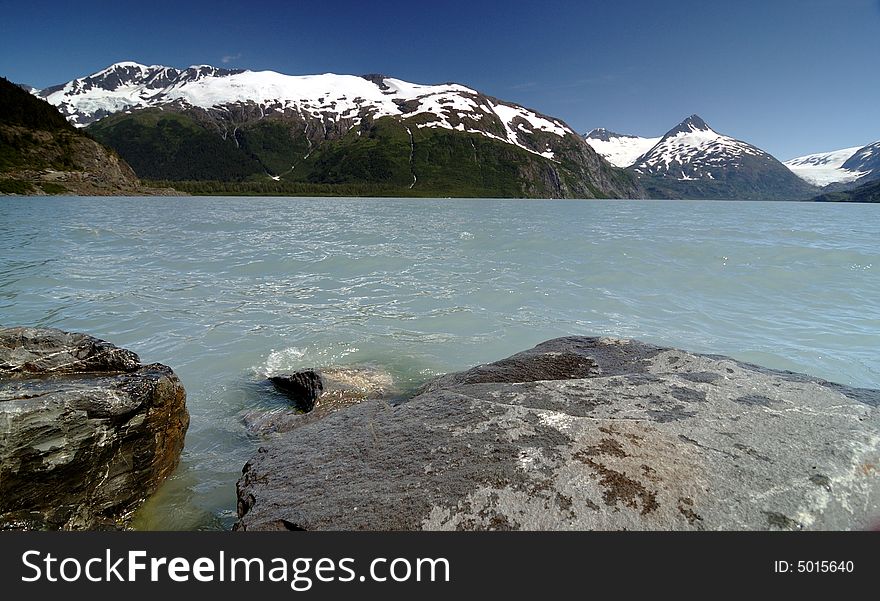 Rocks, Lake And Portage Glacier