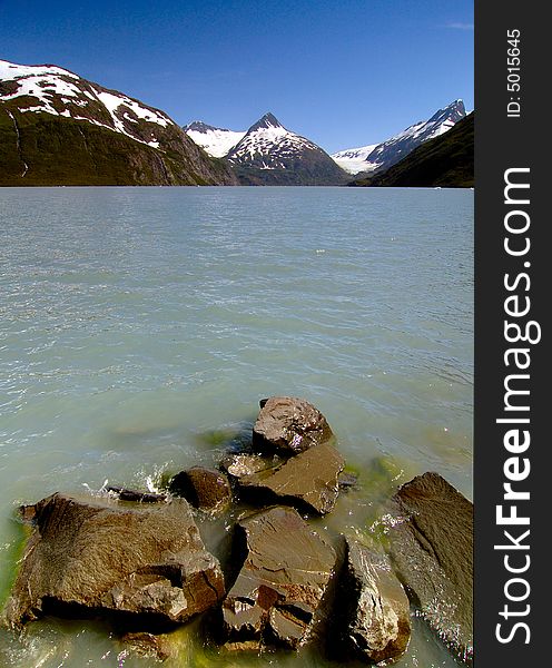 Rocks, Lake And Portage Glacier