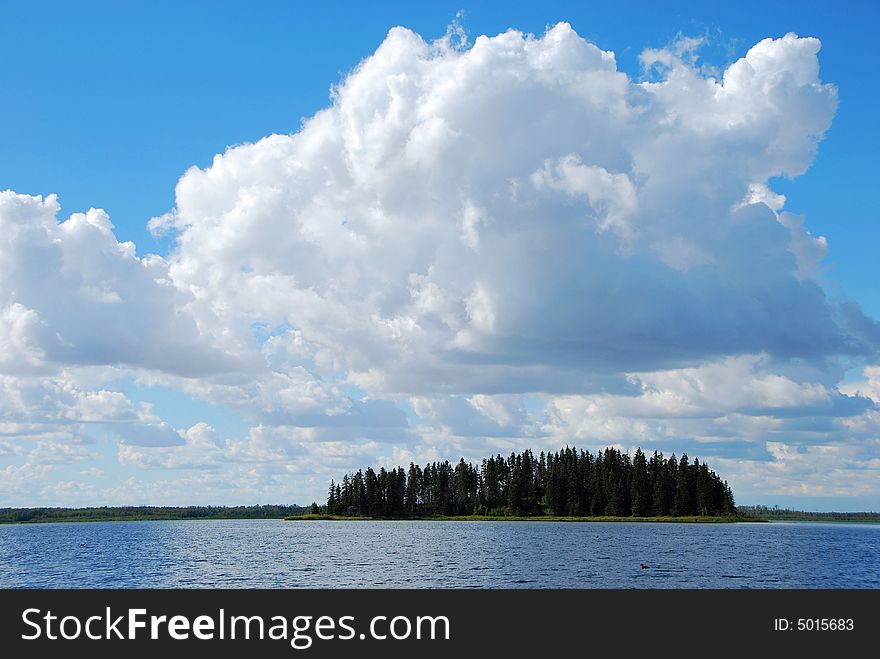 An island at the center on a lake