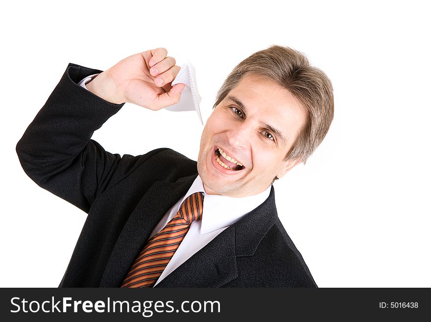 Businessman with toy airplane in hand. Businessman with toy airplane in hand