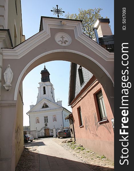 There is old houses and church in old city