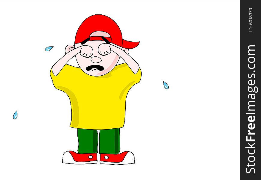 The crying boy in clothes of sports style on a white background