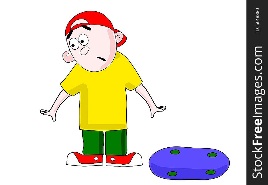 The surprised boy in a yellow T-short on a white background, and a skateboard. The surprised boy in a yellow T-short on a white background, and a skateboard