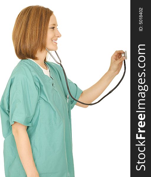 Medical staff in nurse uniform holding stethoscope and getting ready to check somebody. Medical staff in nurse uniform holding stethoscope and getting ready to check somebody