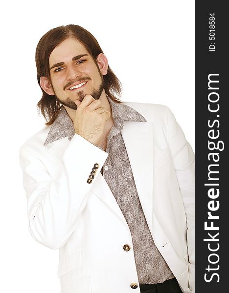 Happy young man in white casual coat holding his beard. Happy young man in white casual coat holding his beard