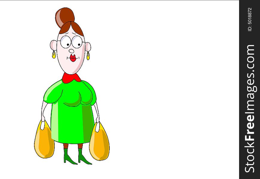 The strict woman in glasses with two bags, dressed in a green dress.