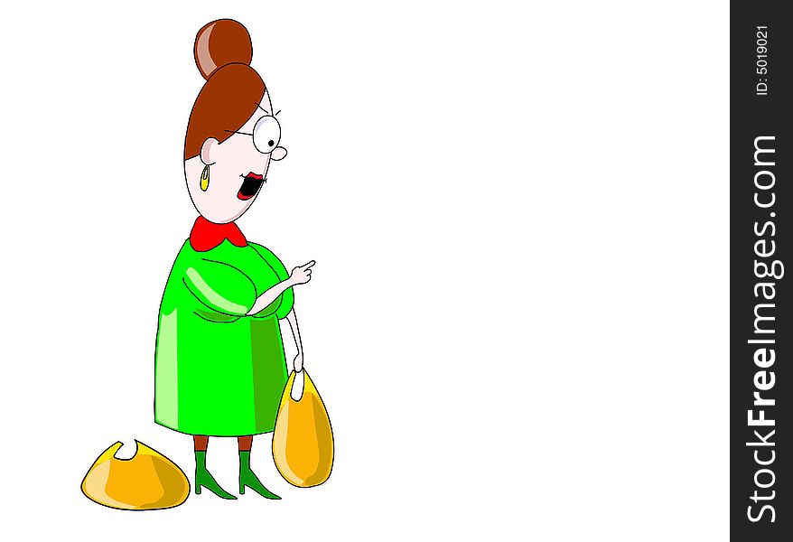 The strict woman-teacher in glasses with two bags, dressed in a green dress.