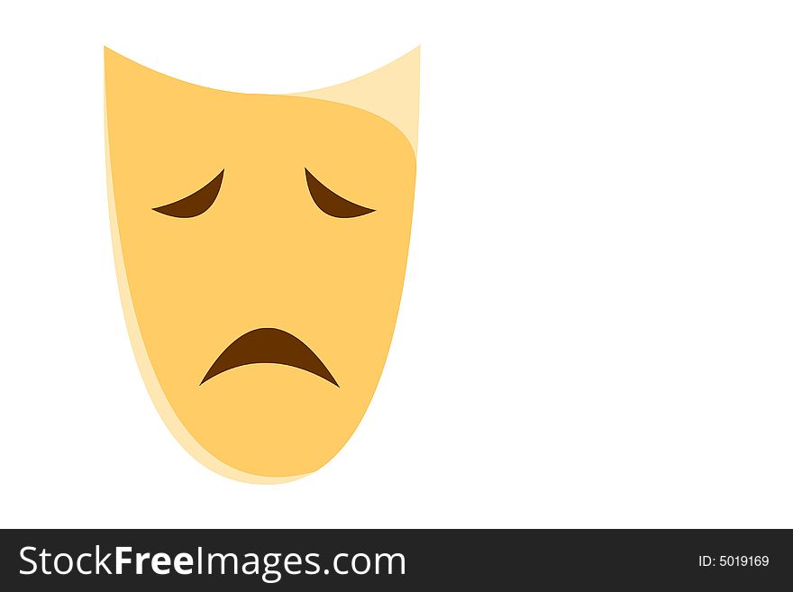 Theatrical sad mask of yellow color on a white background