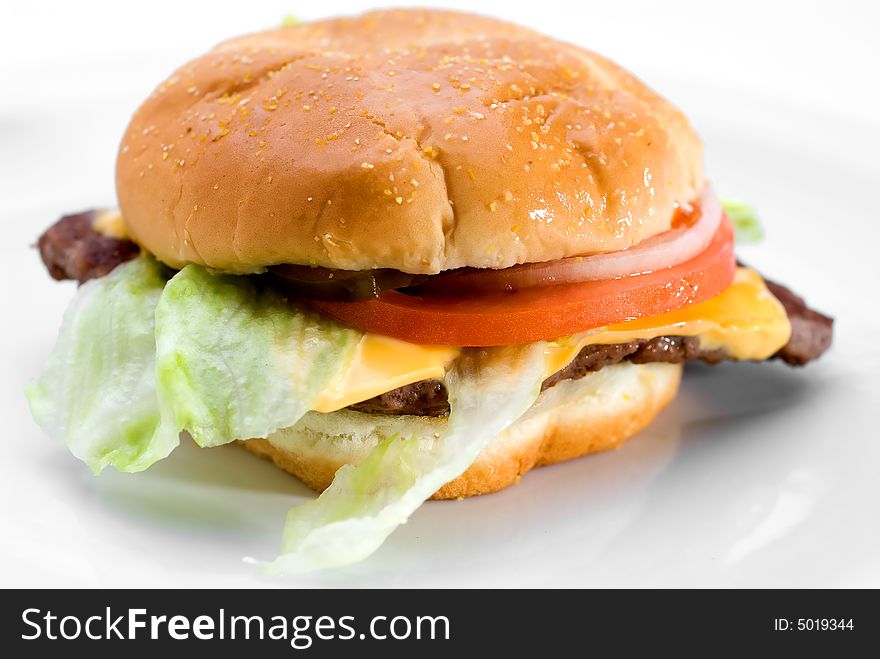 A juicy hamburger on a white plate