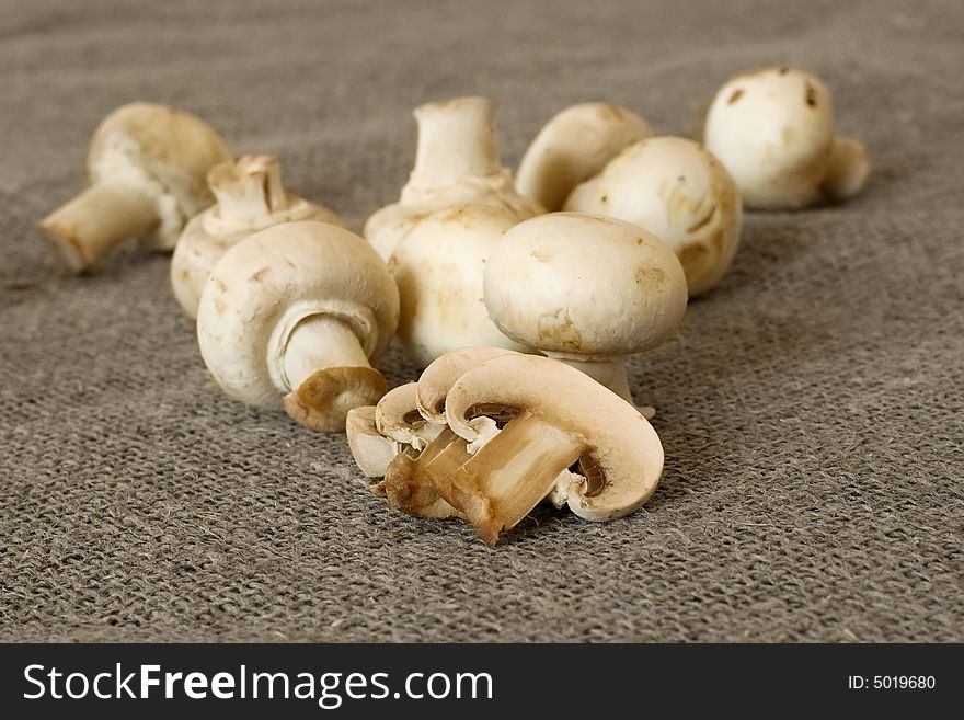 Table mushrooms, sliced, close-up, shot on textile background