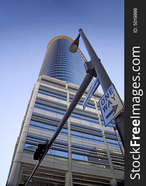 The building towers high overhead from the street. The building towers high overhead from the street