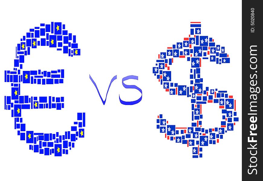 Euro symbol versus dollar symbol. Euro symbol versus dollar symbol