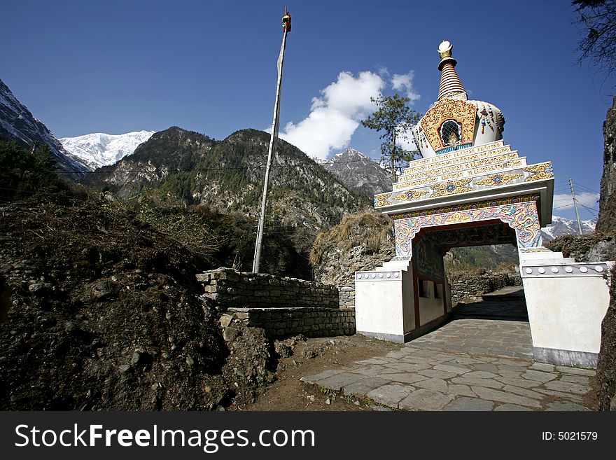 Entrance of a buddist monastery, annapurna, nepal