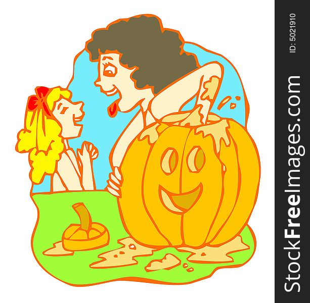 Woman And Kid Preparing Pumpkin For Halloween
