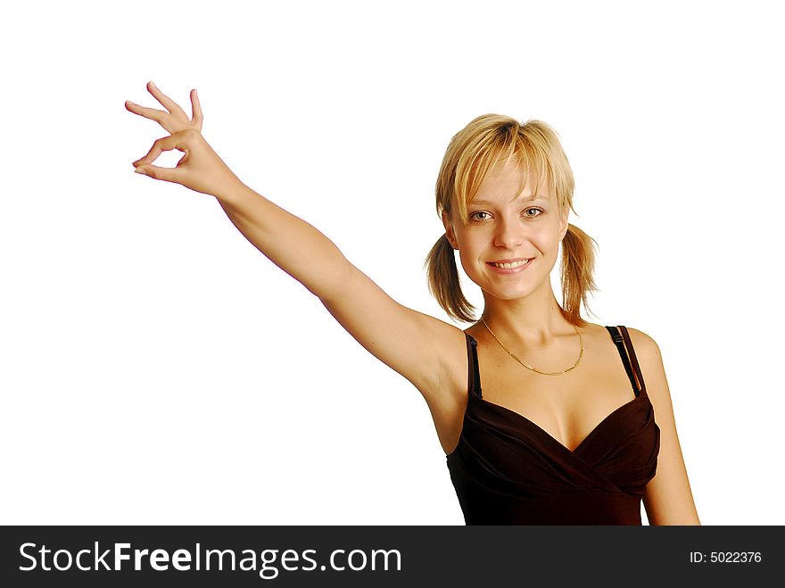 A young blonde girl doing perfect gesture