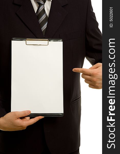 Businessman is holding a clipboard. Copyspace for your text.