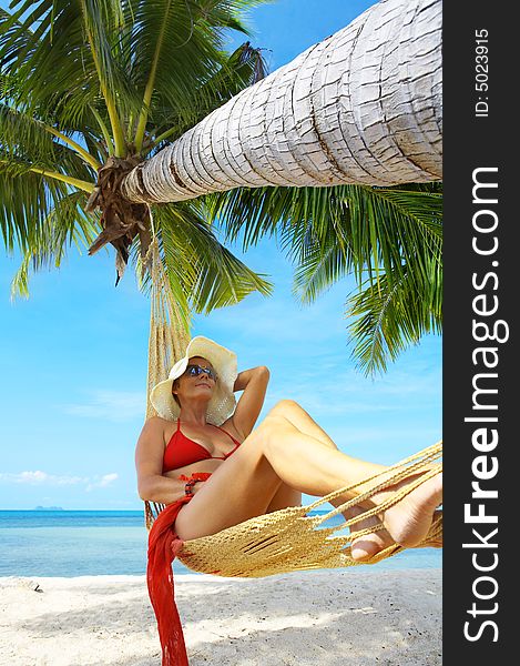 View of nice woman lounging in hammock in tropical environment. View of nice woman lounging in hammock in tropical environment