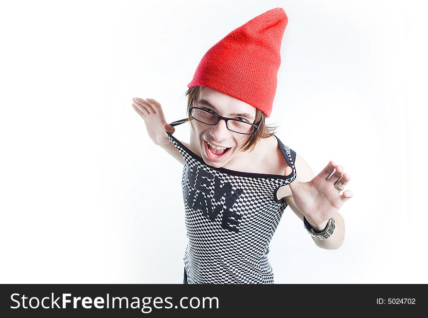 Emotional teenager in red hat screaming, isolated on white background
