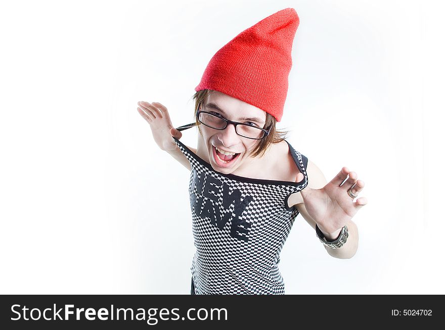 Emotional Teenager In Red Hat Screaming