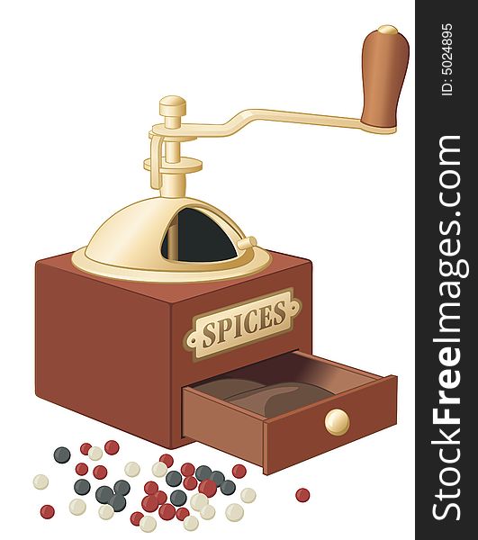 Old-fashioned wooden  spices grinder with black, red and white pepper. Old-fashioned wooden  spices grinder with black, red and white pepper