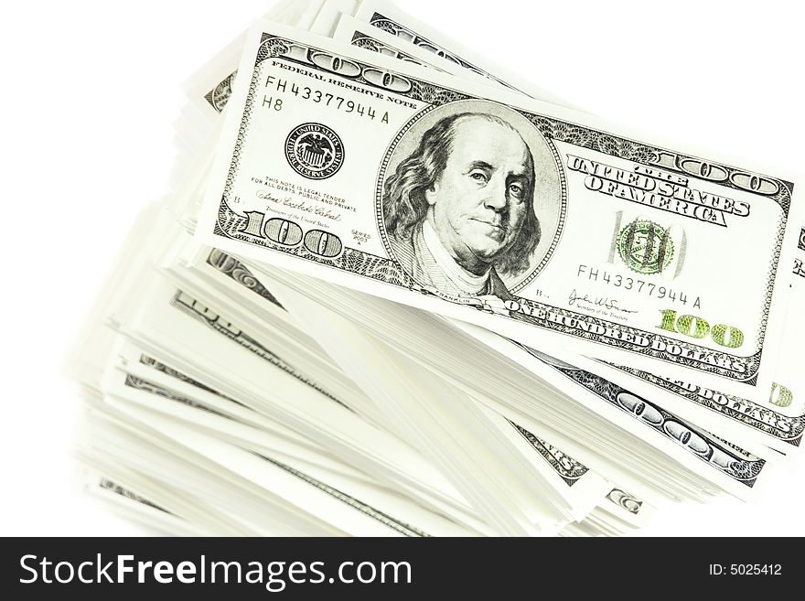 Stack of $100 bills in US currency on white background. Stack of $100 bills in US currency on white background
