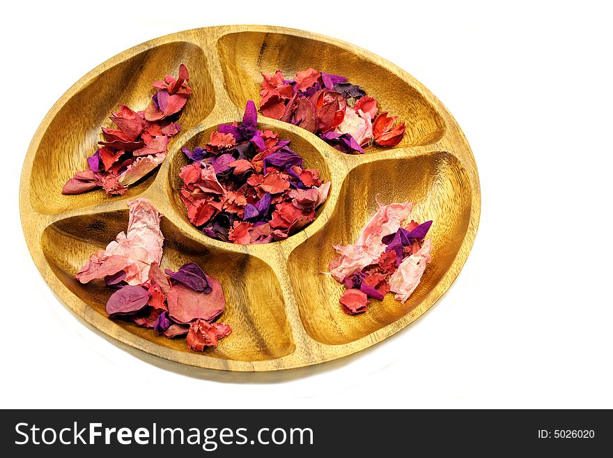Big round wooden tray with aroma therapy flowers. Big round wooden tray with aroma therapy flowers