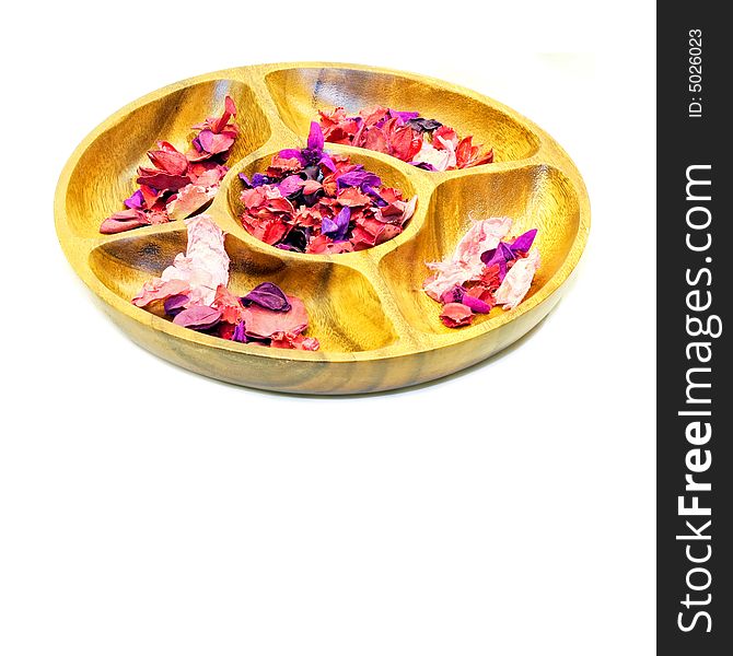 Big round wooden tray with aroma therapy flowers