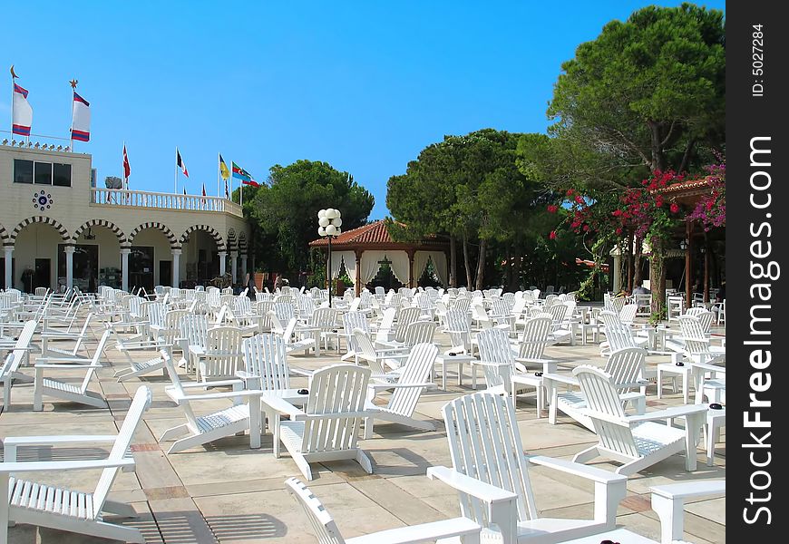 A lot of chaise-longues on the Turkish beach