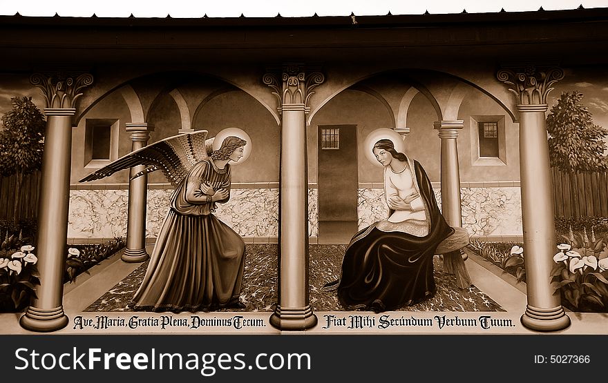 Religious Mural on Wall in Sepia