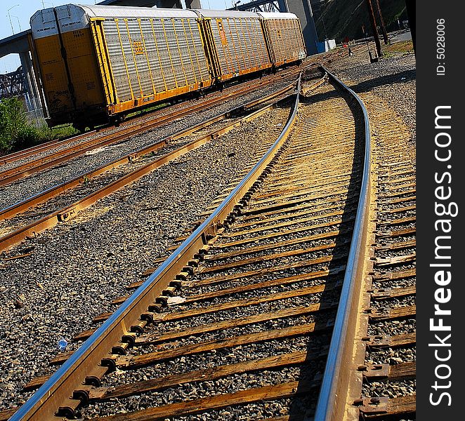 Boxcars on Railroad Tracks Waiting to be Loaded with Vehicles. Boxcars on Railroad Tracks Waiting to be Loaded with Vehicles