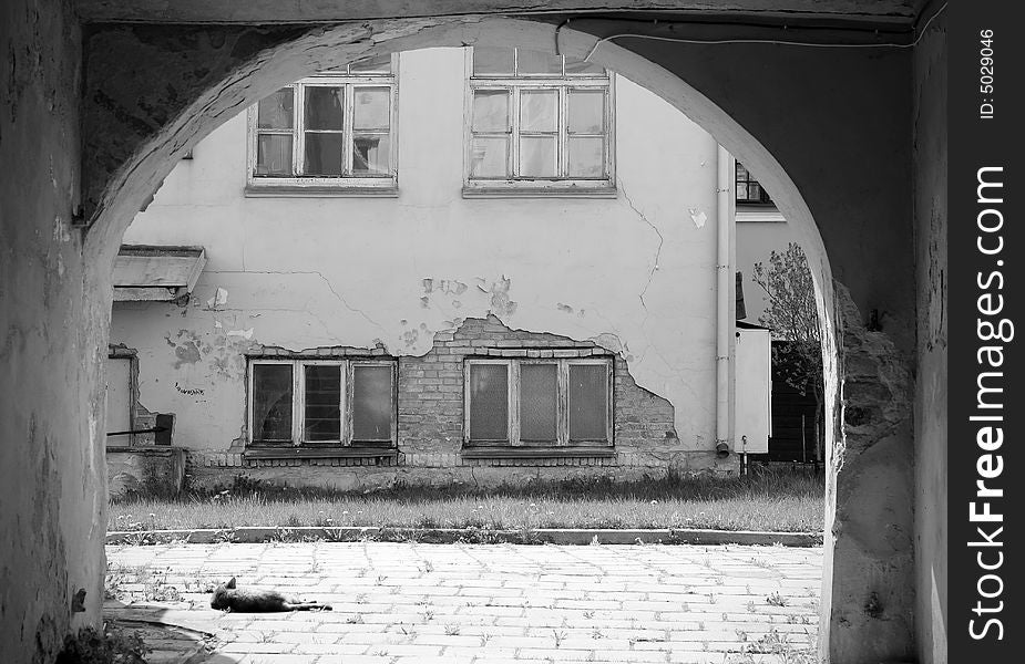 Picture illustrating quiet and silent backyard with a cat sleeping in the sun; peaceful mood. Picture illustrating quiet and silent backyard with a cat sleeping in the sun; peaceful mood