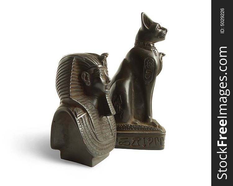 Stone Egyptian cat and pharaoh Tutankhamen on a white background. Stone Egyptian cat and pharaoh Tutankhamen on a white background