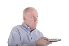 Old Guy In Blue Shirt With Remote Control Royalty Free Stock Images Old Guy In Blue Shirt With Remote Control Royalty Free Stock Images