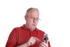 Old Guy In Red Shirt Dialing Cell Phone Stock Photos Old Guy In Red Shirt Dialing Cell Phone Stock Photos
