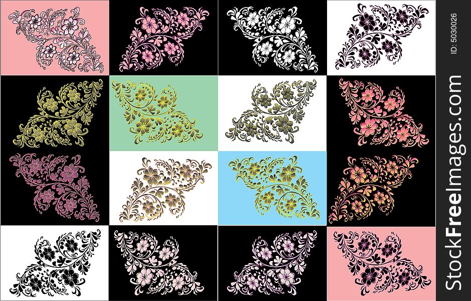 Illustration with sixteen different color floral decoration. Illustration with sixteen different color floral decoration