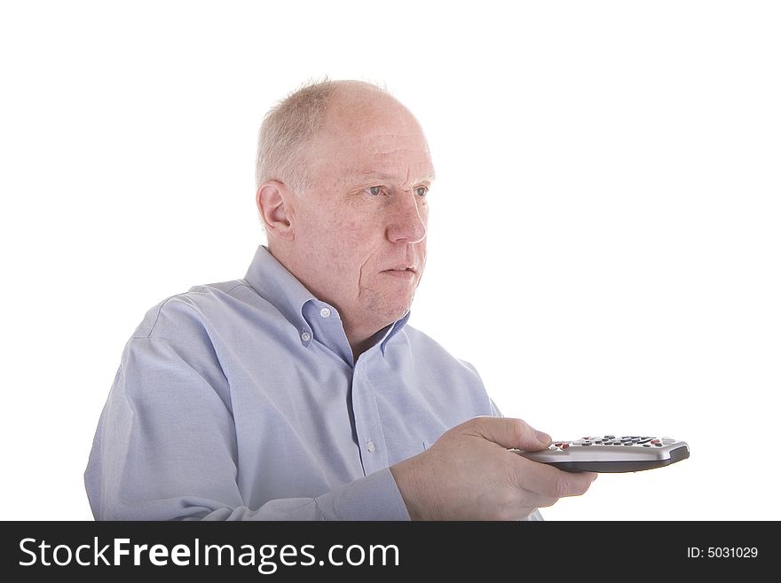 Old Guy In Blue Shirt With Remote Control