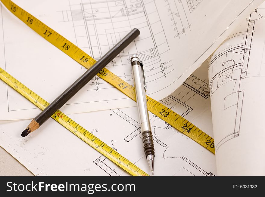 Architecture planning of interiors with pencils and metres. Architecture planning of interiors with pencils and metres