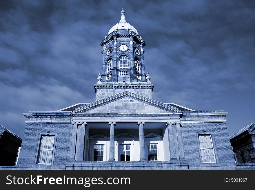 Dublin Castle in blue tone. Famous bulding in Irish capital city.