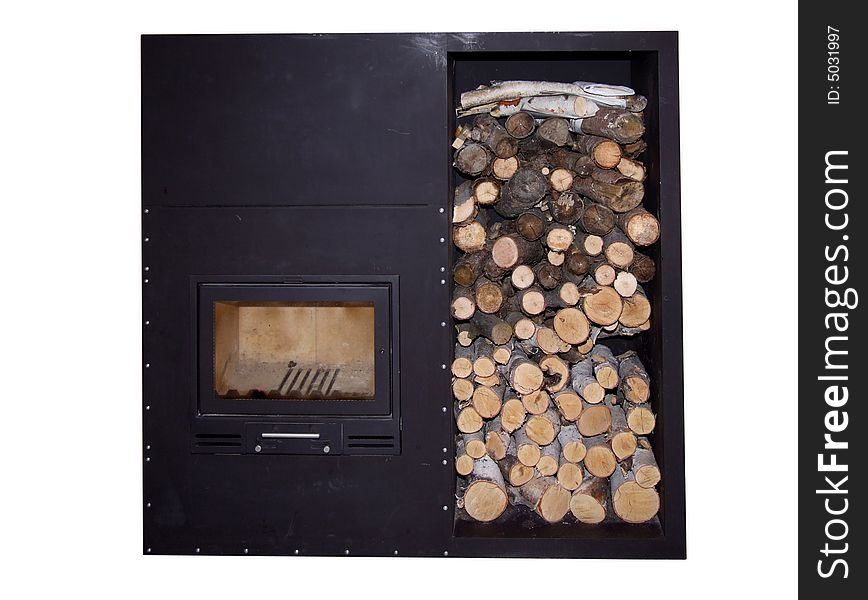 The isolated black fireplace with fire wood on a white background . The isolated black fireplace with fire wood on a white background