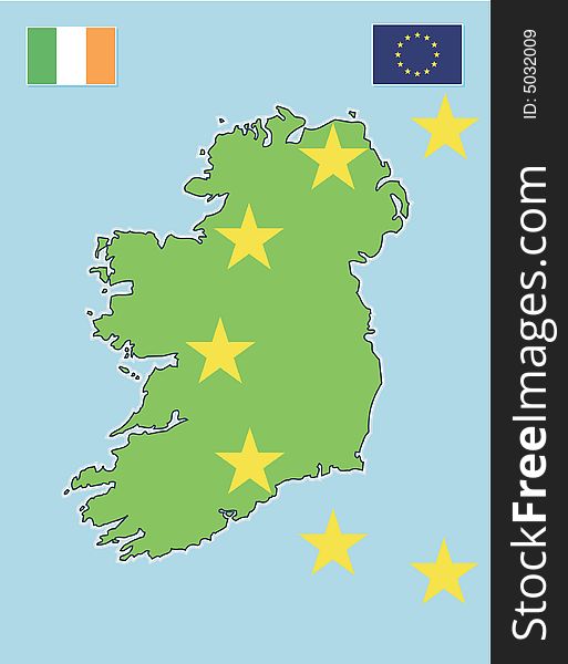 Map or ireland depicting 32 counties. Irish flag, EU flag and EU circle of stars. Map or ireland depicting 32 counties. Irish flag, EU flag and EU circle of stars.