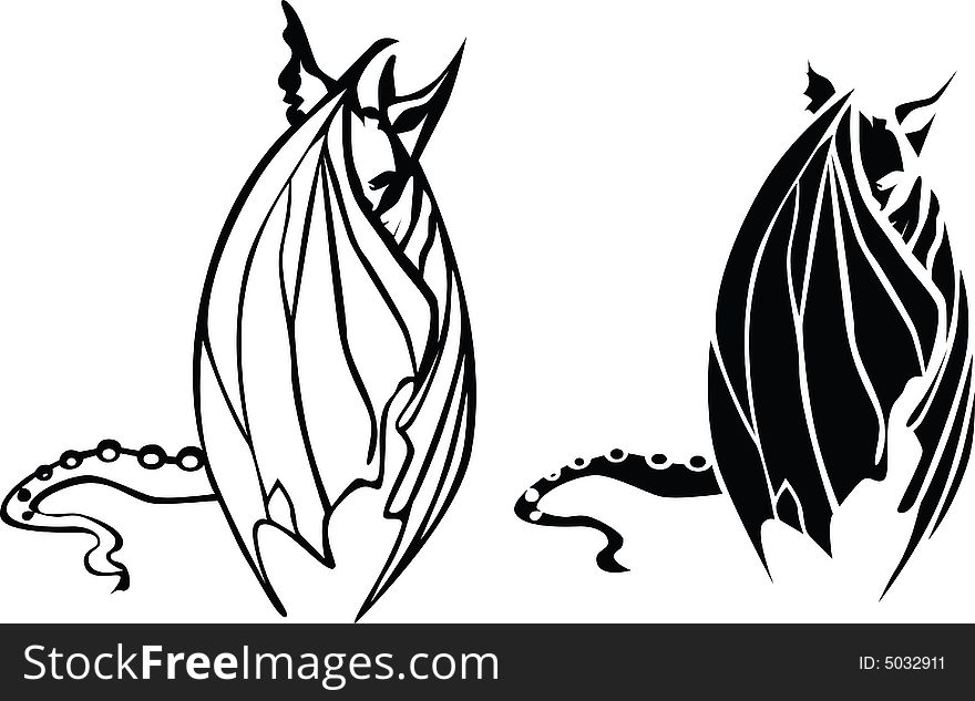 Black dragon - white bat. Vector illustration. Black dragon - white bat. Vector illustration.