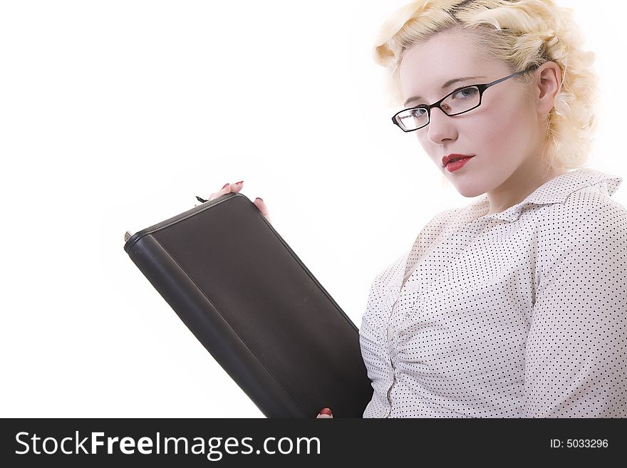Attractive young girl with platinum blonde hair red accessories. looks seductively holding documents. good eye contact. copy space left. Attractive young girl with platinum blonde hair red accessories. looks seductively holding documents. good eye contact. copy space left