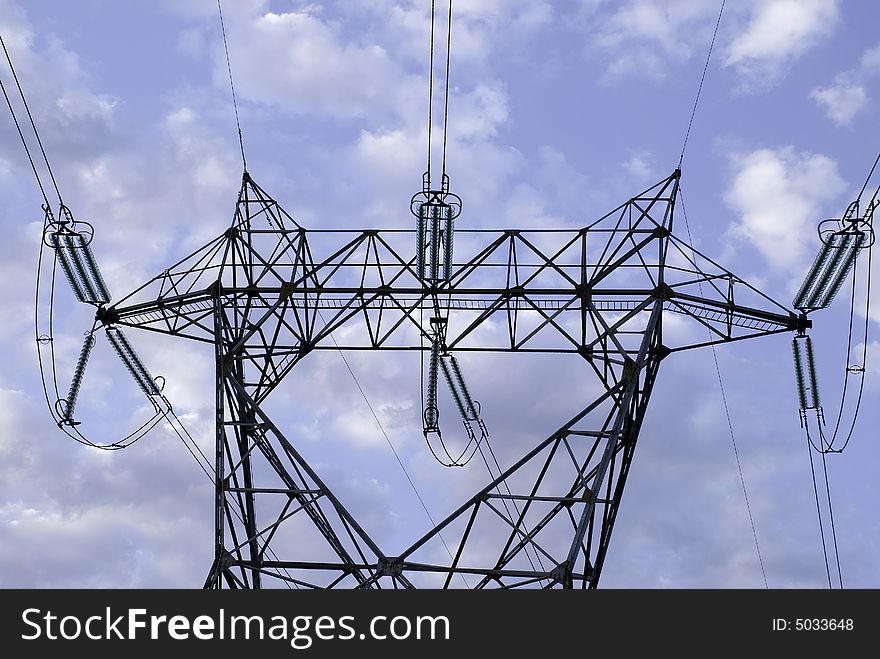 Long distance power line with blue sky