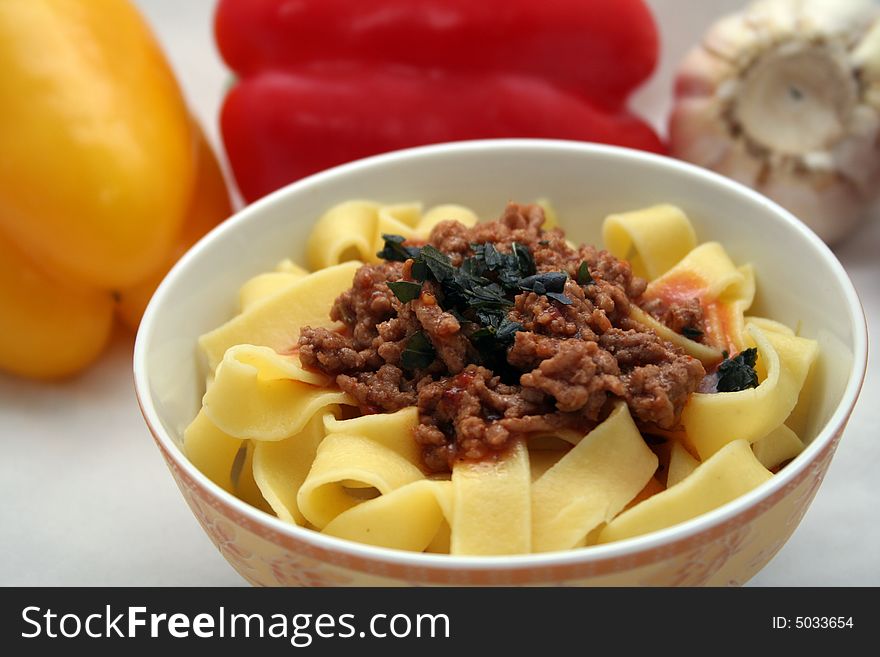 Fresh pasta with a meat-tomatoesauce
