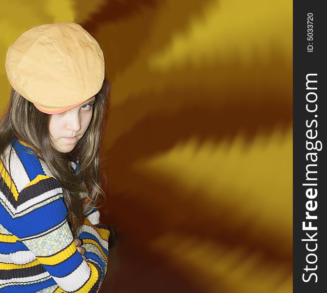 Color drive background with teen girl in hat. Color drive background with teen girl in hat