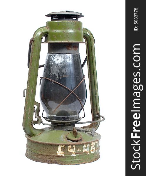 Antique green gasoline glass lamp isolated on white. Antique green gasoline glass lamp isolated on white