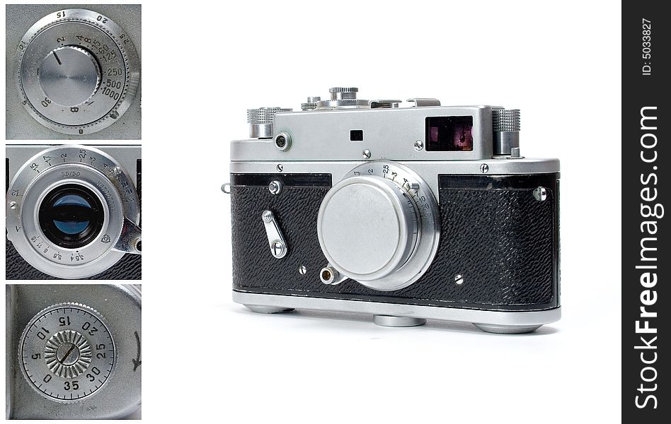 Vintage rangefinder photo camera isolated on white with closeup shots. Vintage rangefinder photo camera isolated on white with closeup shots