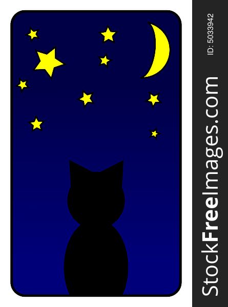 An illustration of a cat at night in the sky. An illustration of a cat at night in the sky