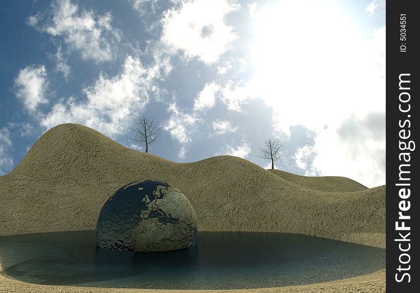 The thirsty globe in a puddle of water - 3d rendering. The thirsty globe in a puddle of water - 3d rendering