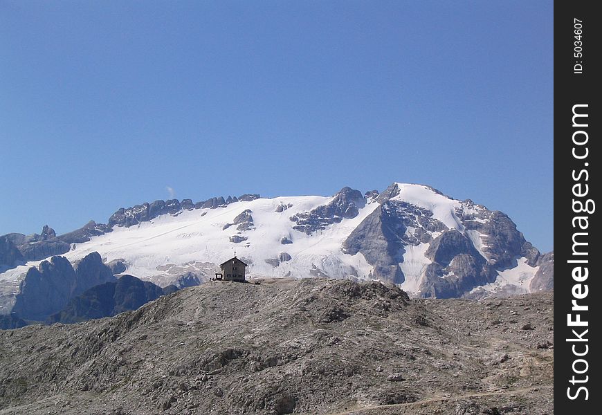 Marmolada glacier during summer on a sunny day